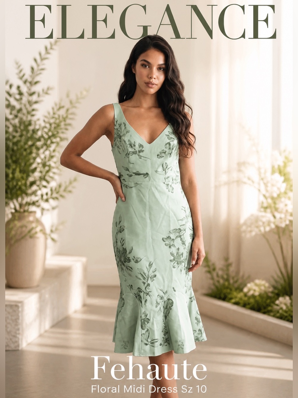 NWT Fehaute floral green v-neck mermaid hem midi dress sz 10